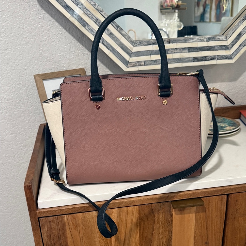 Michael Kors Rose Pink and Cream Saffiano Leather Satchel with Black Trim